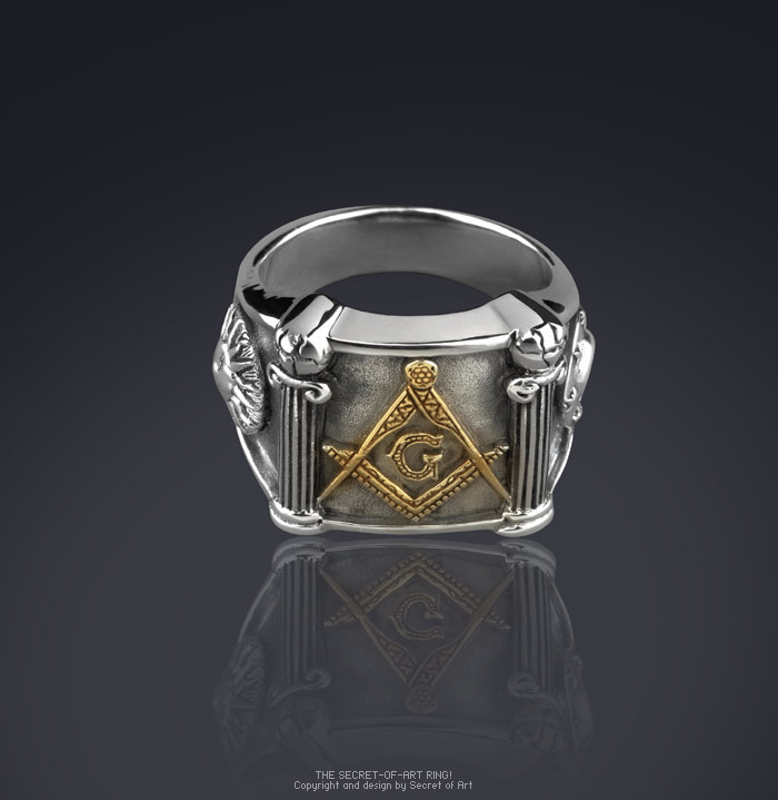 MASONIC G AND PILLARS SILBER RING 24K GOLD PLATED  