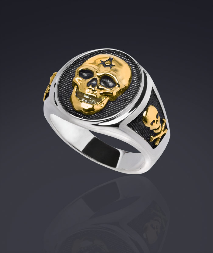 Masonic Silver 925 Big Skull Ring 24k-Gold Plated Parts with All Seeing ...